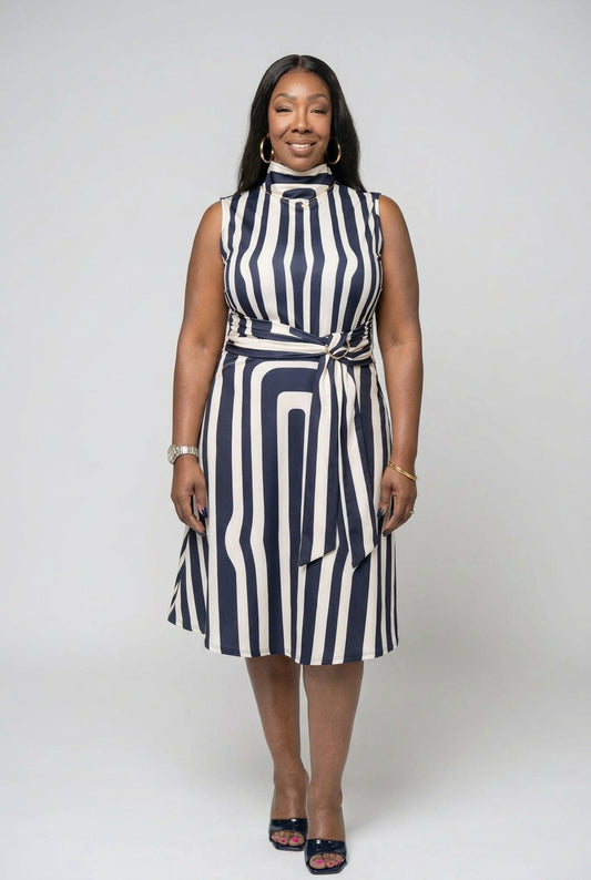Collar Striped Printed Sleeveless Midi Dress