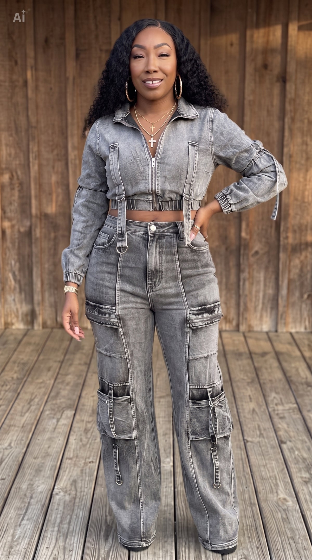 Multi Pocket Washed Denim Two Piece Sets