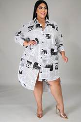 Collared Newspaper Printing Shirt Dress