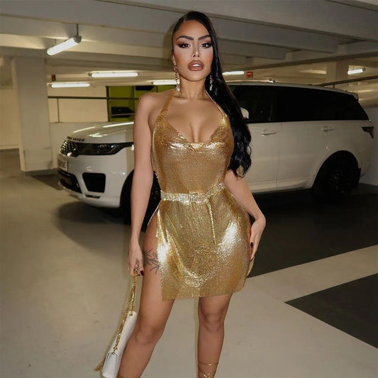 Backless Solid Color Slim Fit Slit Dress