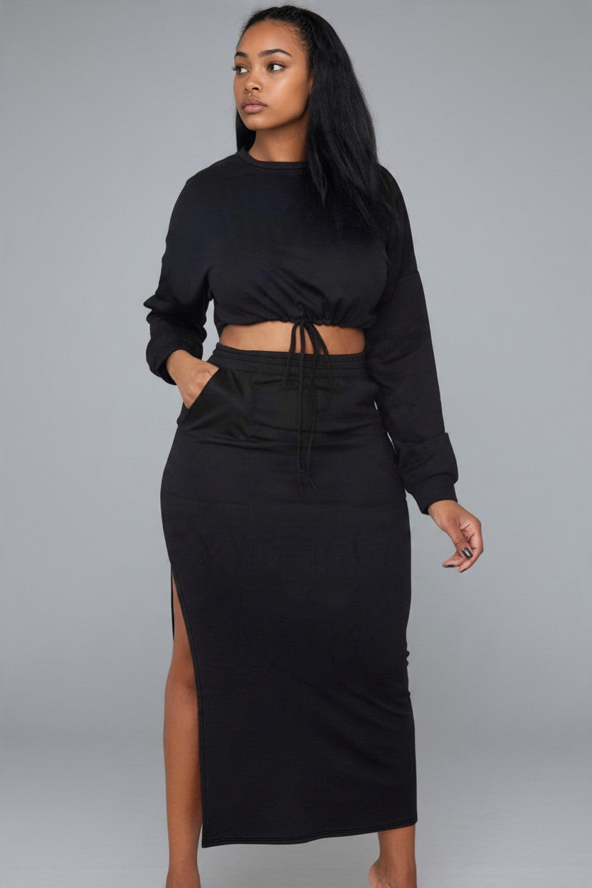 Long Sleeve Round Neck Split Two Piece Skirt Sets