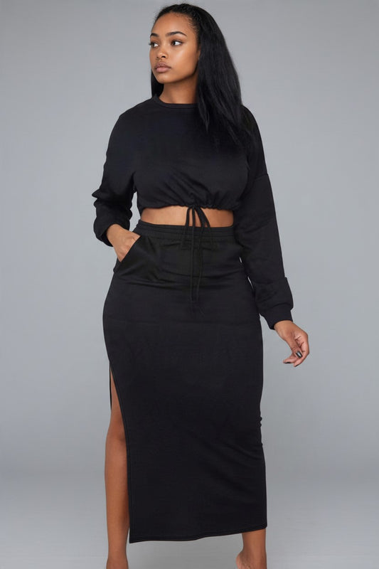 Long Sleeve Round Neck Split Two Piece Skirt Sets