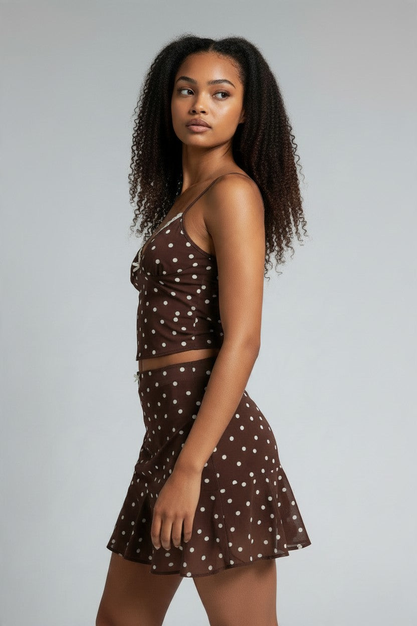 Lace Polka Dot Ruffled Skirt Set
