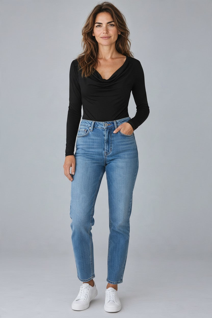 Solid Color Swing Collar Long Sleeve Bodysuit
