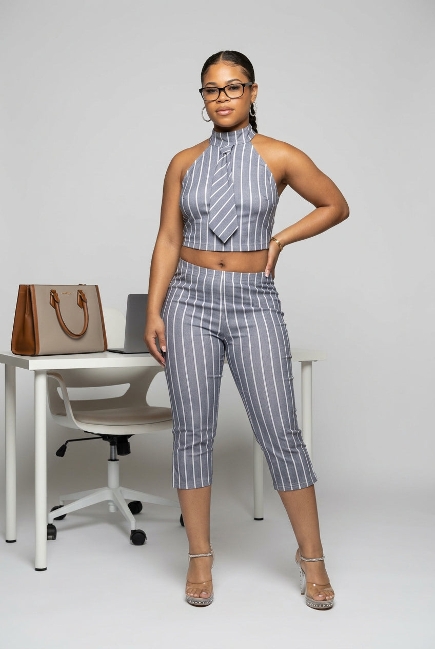 Sleeveless Collared Vest Top Two Piece Pants Set