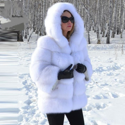 Faux Fur Hooded Mid-Length Coat