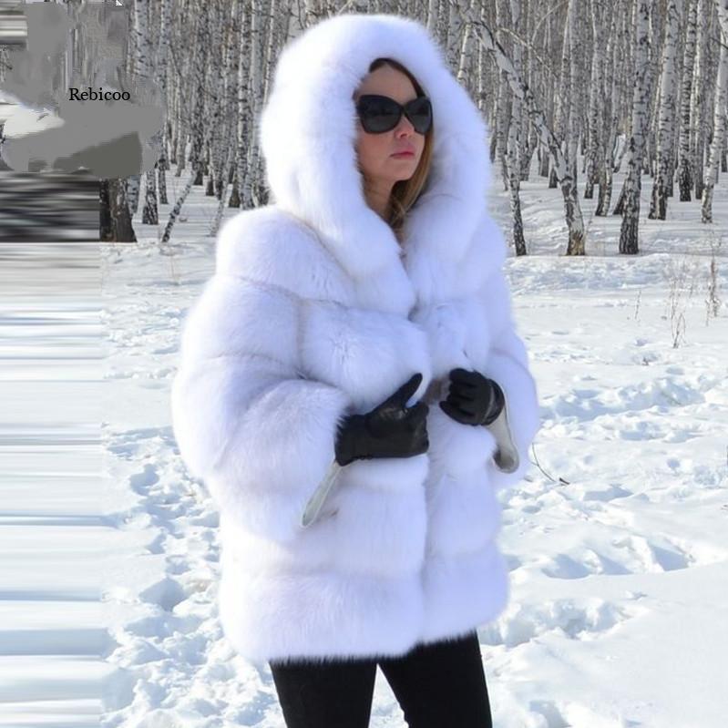 Faux Fur Hooded Mid-Length Coat