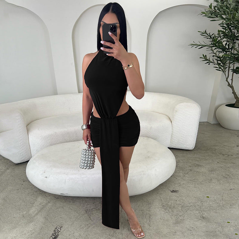 Hollow Cutout Ribbon Short Sleeveless Dress