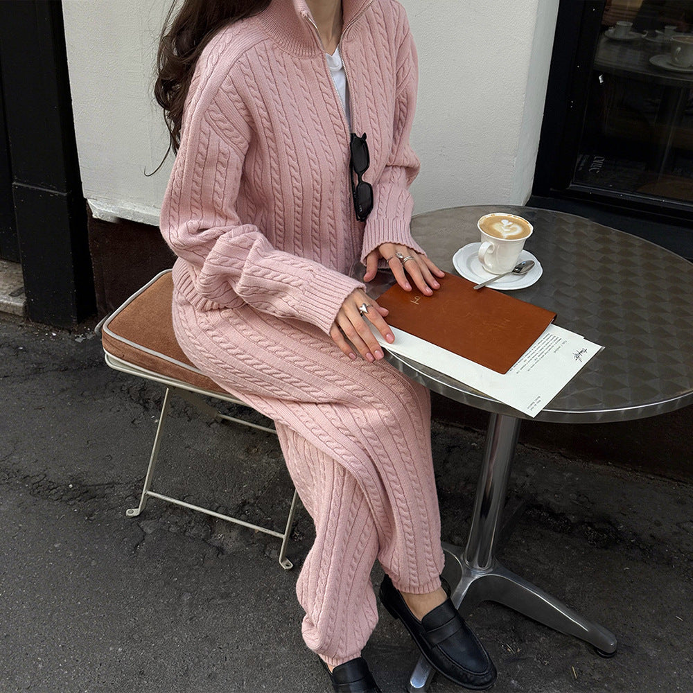 Cable-Knit Zip-Up Turtleneck Sweater & Pants Set