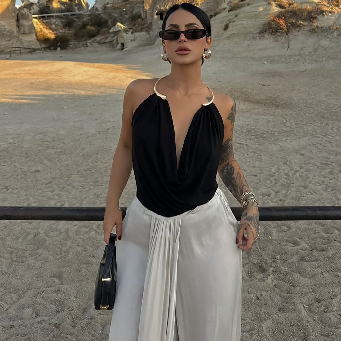 Metal Halter Collar Backless Shirt