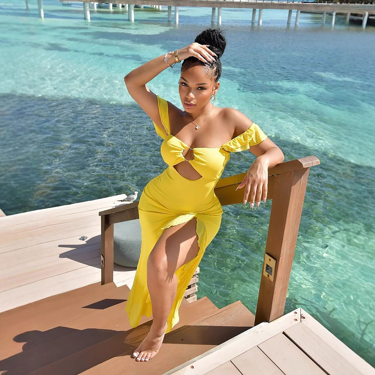 Off Shoulder Tube Top Hollow Cutout  Slit Dress