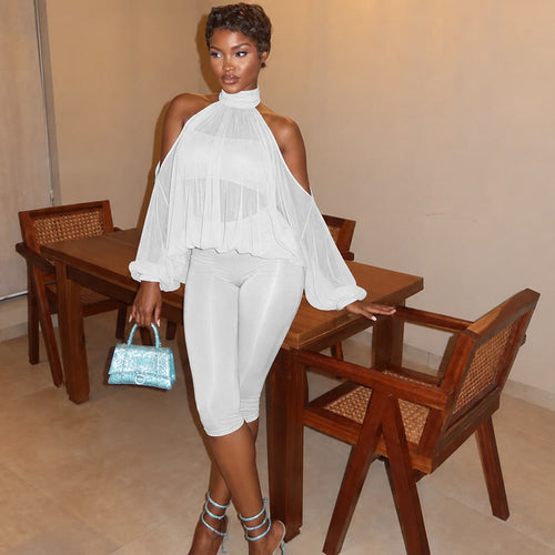 Mesh High-Neck Halter Top & Fitted Pants Set
