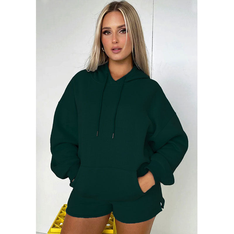 Fleece Hooded Long Sleeve Sweater Casual Short Suit