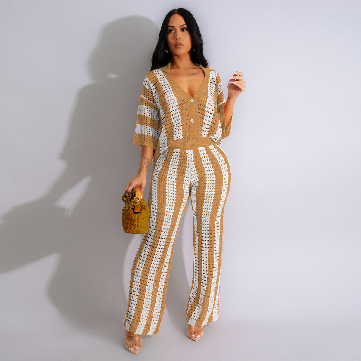 V Neck Cut Out Knitted Pants Set