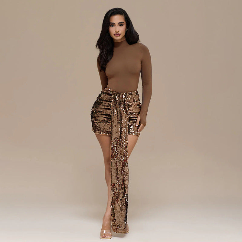 Fit Turtleneck Sequined Mini Skirt Set