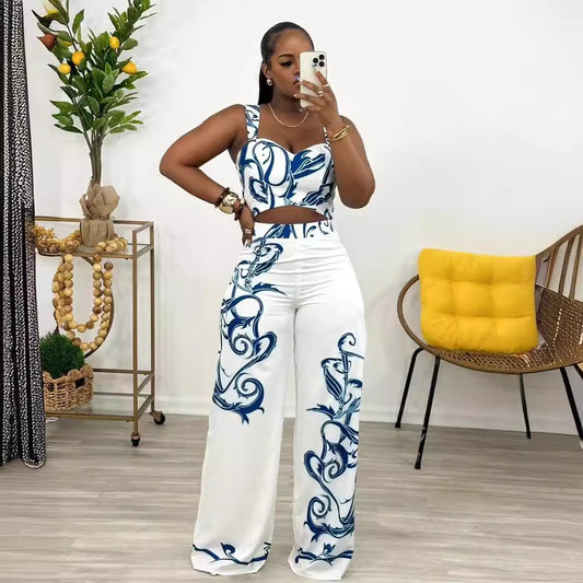 Printed High Waist Wide Leg Pants Two Piece Set