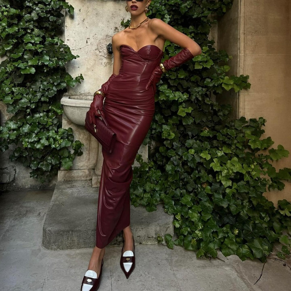 Elegant Faux Leather Tube Top Dress