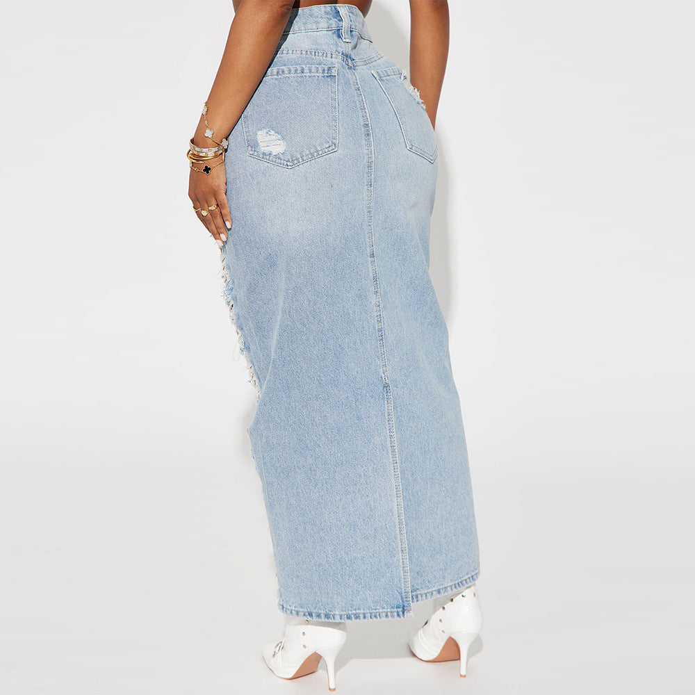 Denim Wash Pocket Slit Tassel Skirt