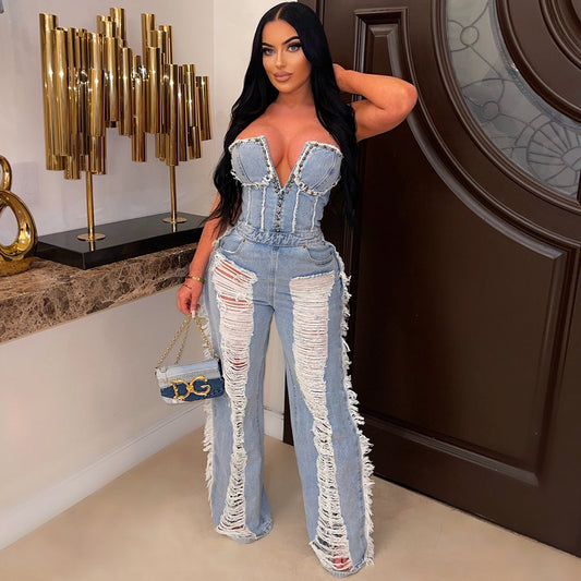 Cutout Ripped Long Zipper Denim Jumpsuit