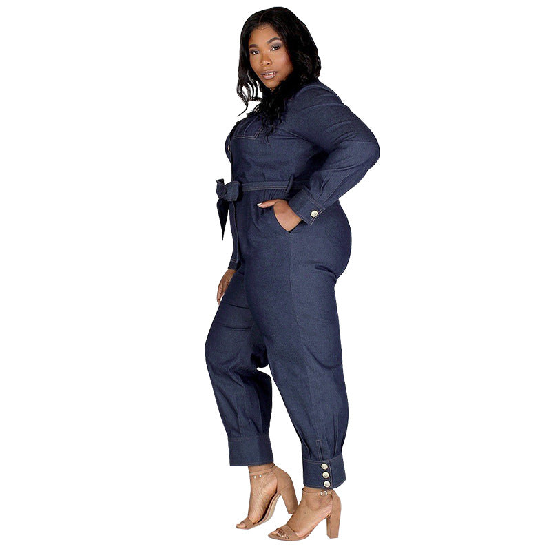 Slim V-neck Denim Jumpsuit