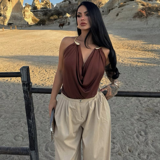 Metal Halter Collar Backless Shirt