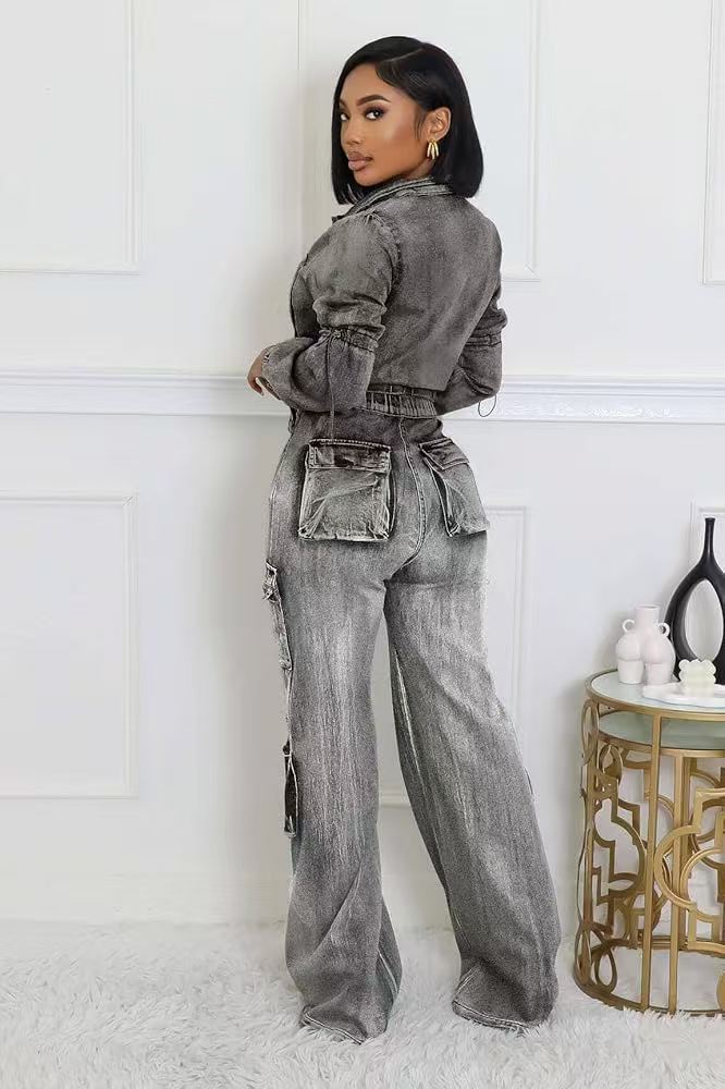 Multi Pocket Washed Denim Two Piece Sets