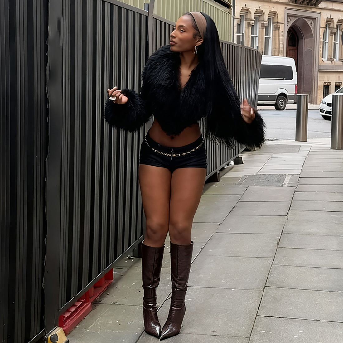 Fur Collar V neck Cropped Leather Coat