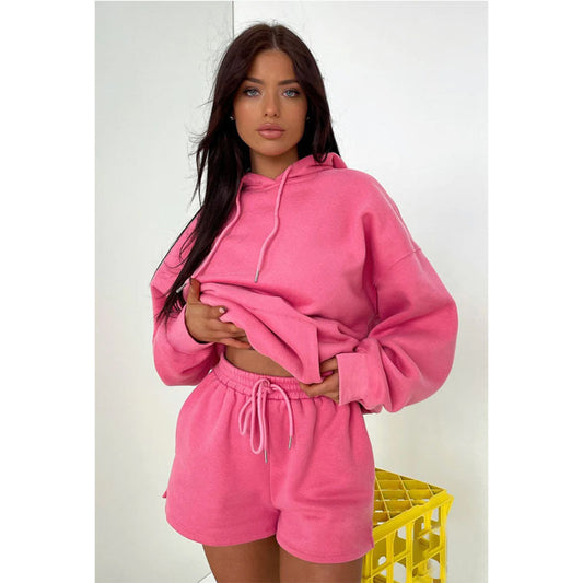 Fleece Hooded Long Sleeve Sweater Casual Short Suit
