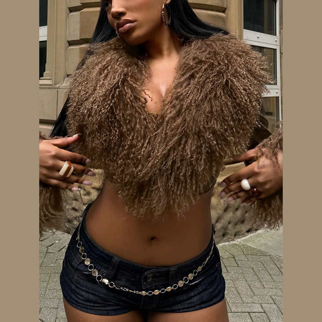 Fur Collar V neck Cropped Leather Coat