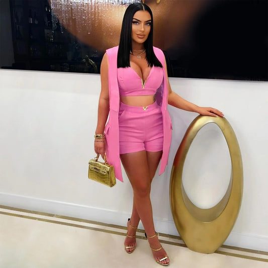 Vest Collared Cardigan Three Piece Set