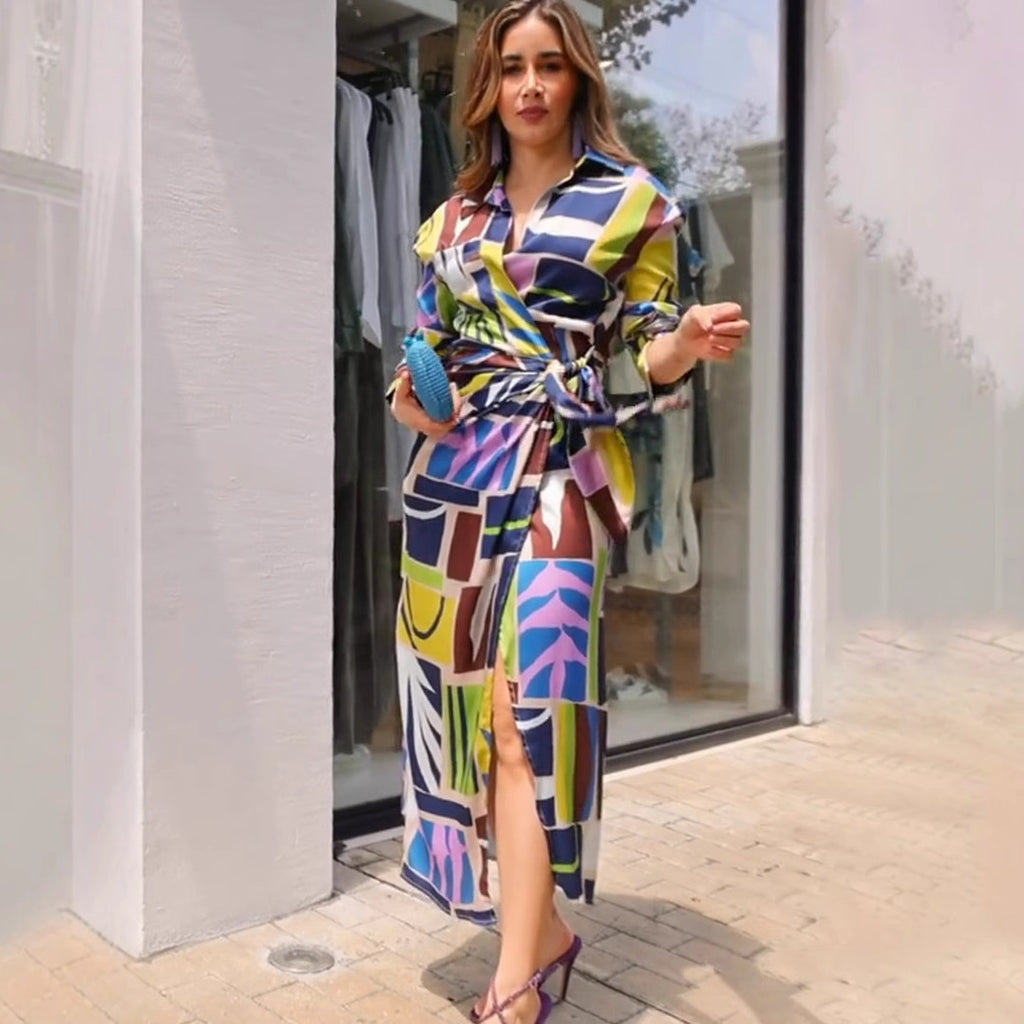 Printed V neck Long Sleeve Maxi Dress