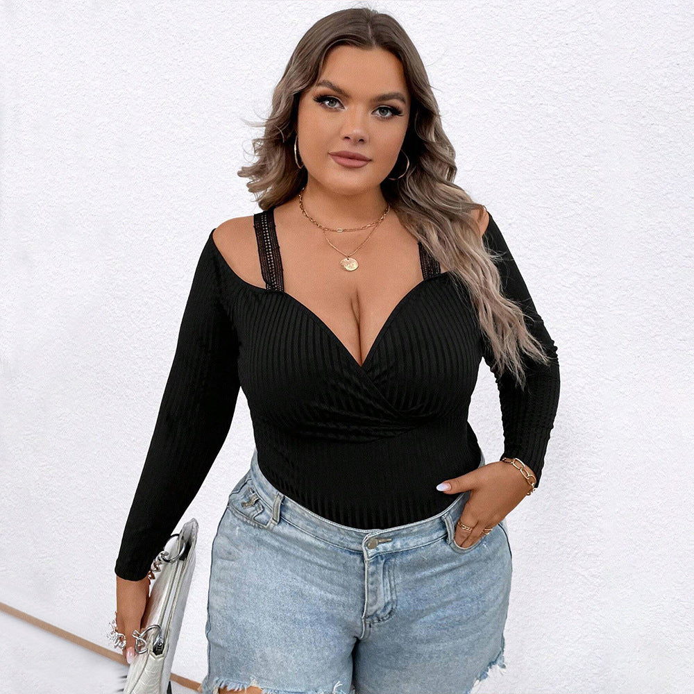 Plus Size Women Simple Sexy T shirt Fall Winter Slim Slimming V Neckline Braces Long Sleeve Top