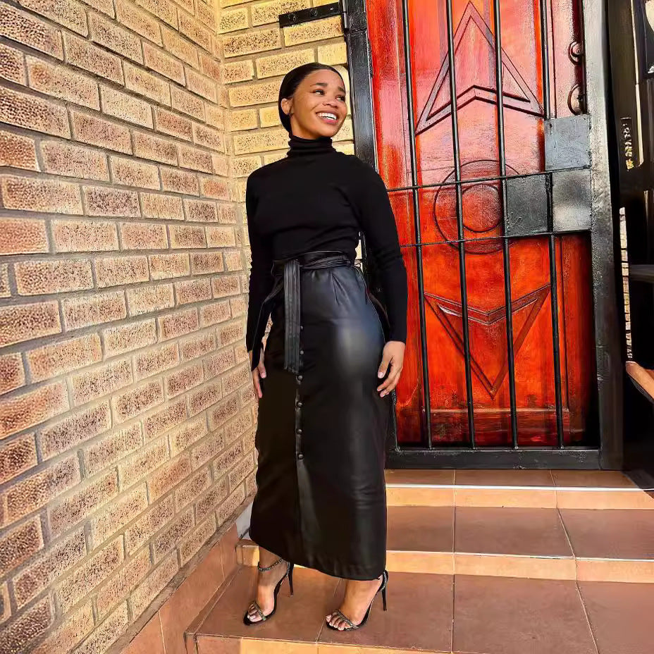 Mid-Length Black Faux Leather Skirt