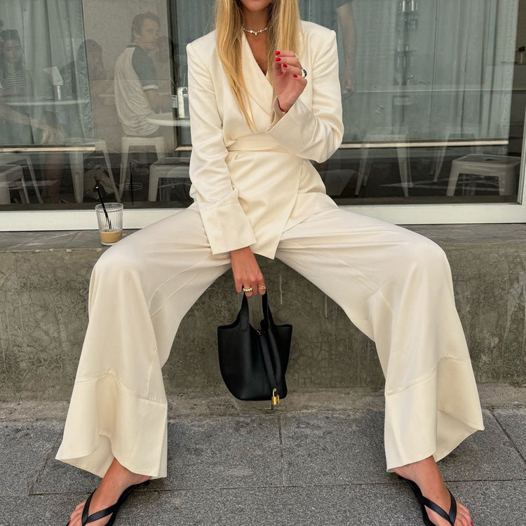 V neck Long Sleeve Wide Leg Pants Two Piece Set