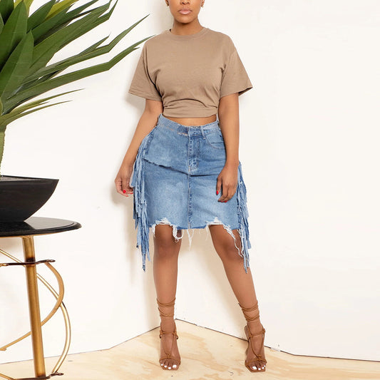 Denim Washed Tassel Tatted Skirt