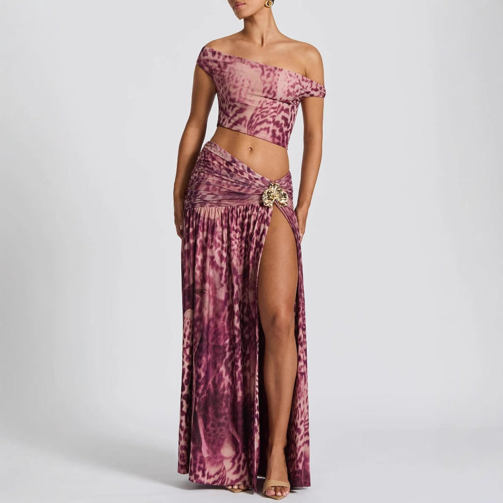 Oblique Shoulder Two Piece Skirt Set