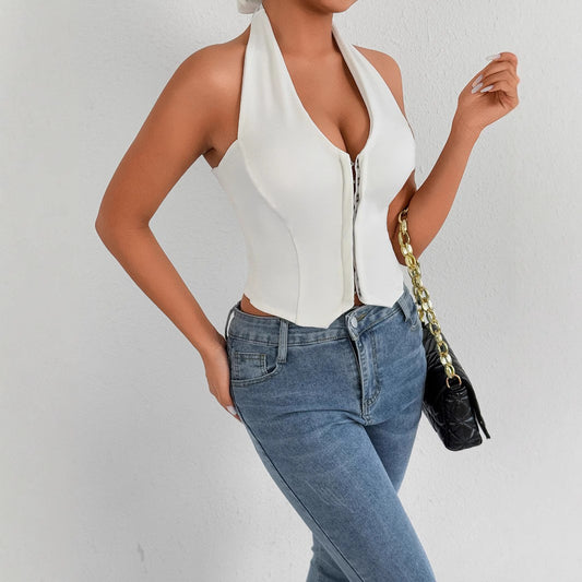 Halter V neck Backless Cropped T shirt