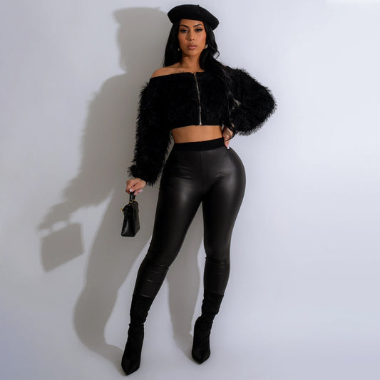 Furry Short Top/Trousers Two Piece Set