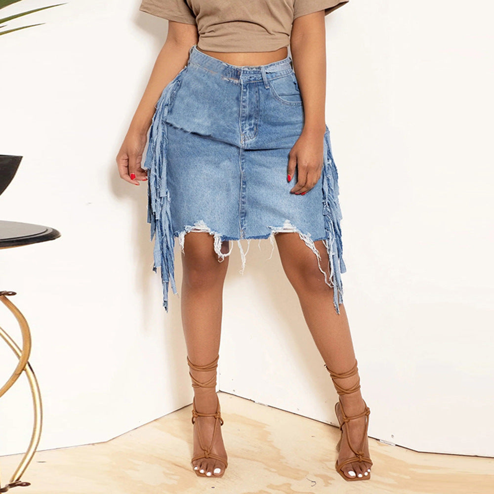 Denim Washed Tassel Tatted Skirt