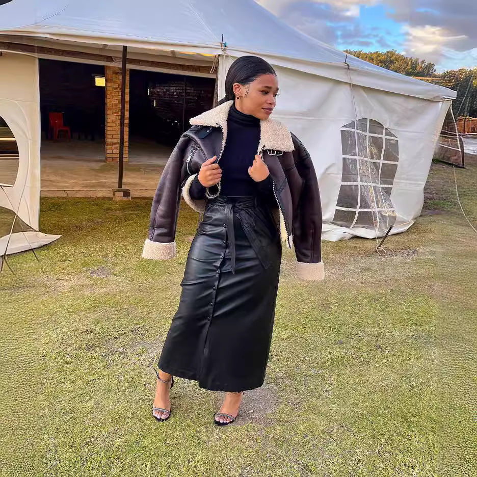 Mid-Length Black Faux Leather Skirt