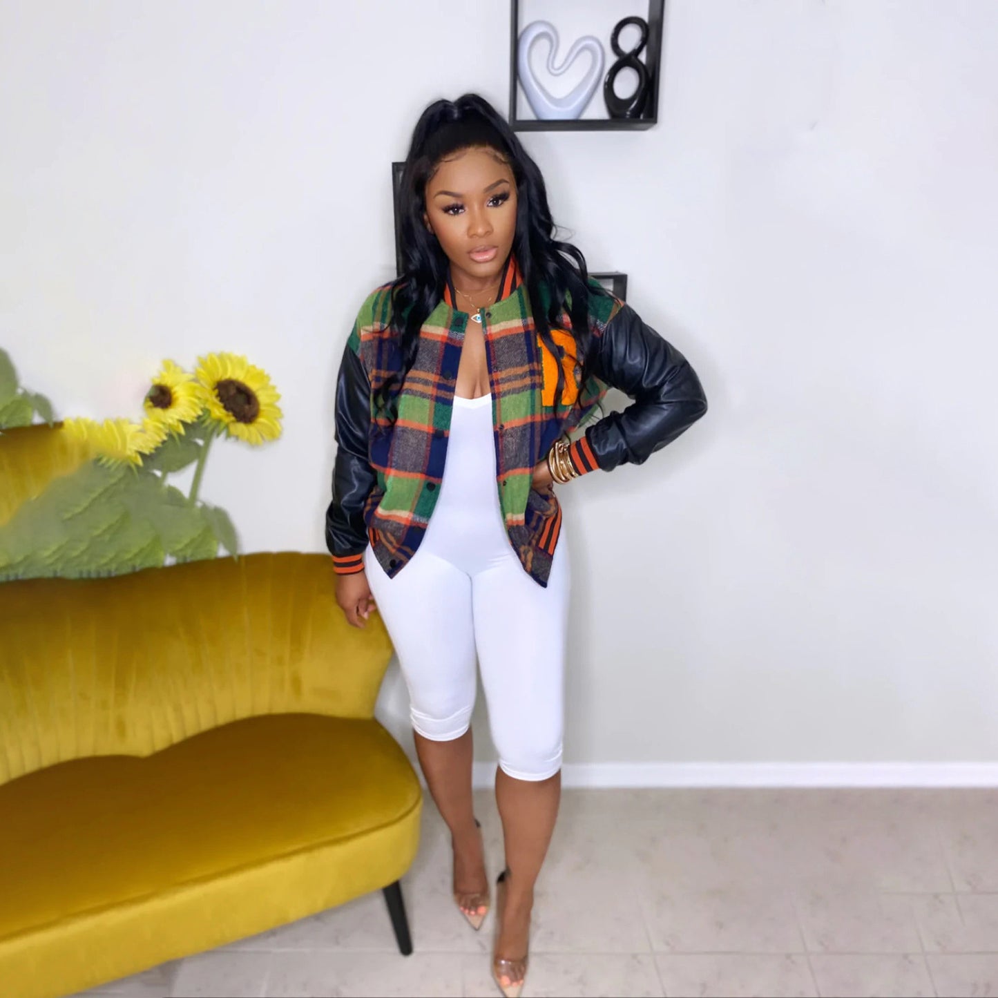 Embroidered Faux Leather Stitching Varsity Jacket