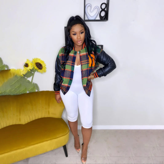 Embroidered Faux Leather Stitching Varsity Jacket