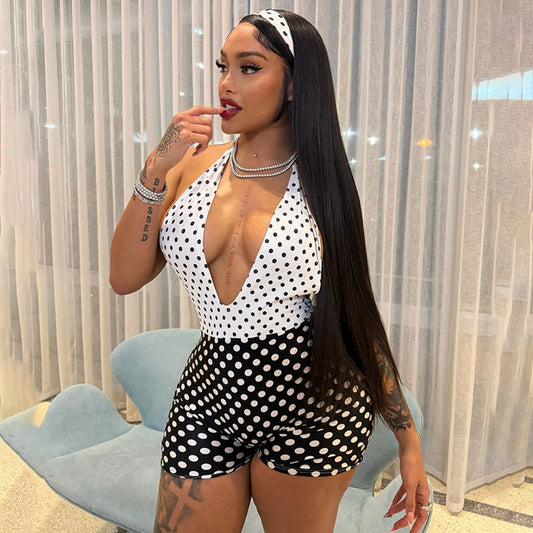 Winter Women Clothing Color Contrast Polka Dot Printed Sexy Halter Backless Jumpsuit