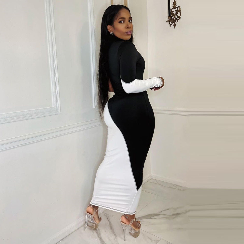 Contrast Color Side Long Sleeve Maxi Dress