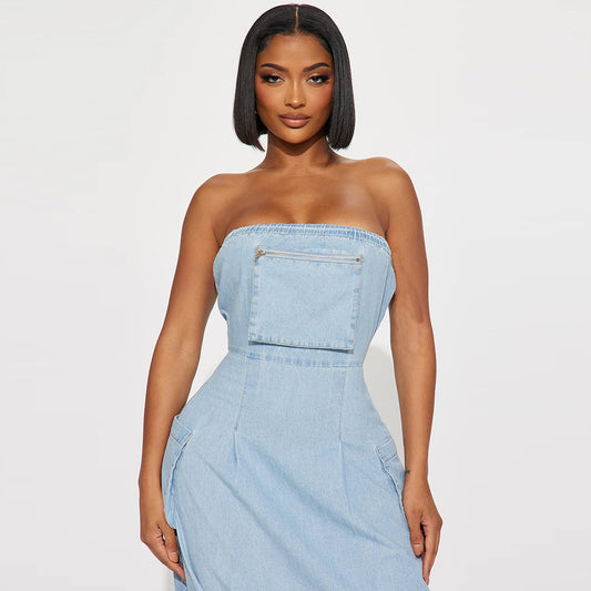 Tube Top Pocket Washed Denim Dress