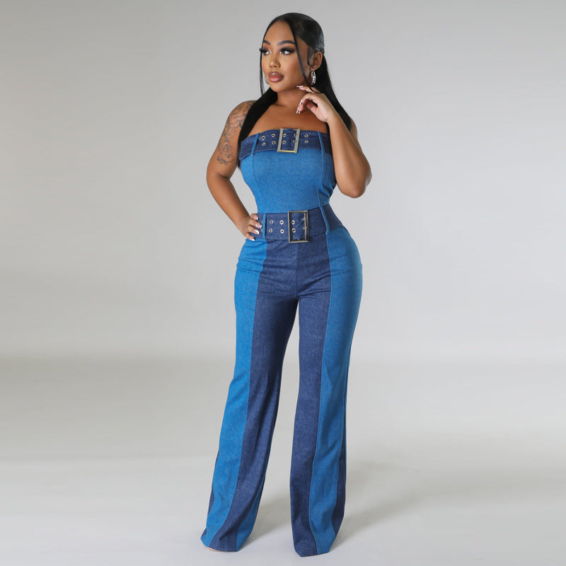 Patchwork Tube Top Denim Jumpsuit