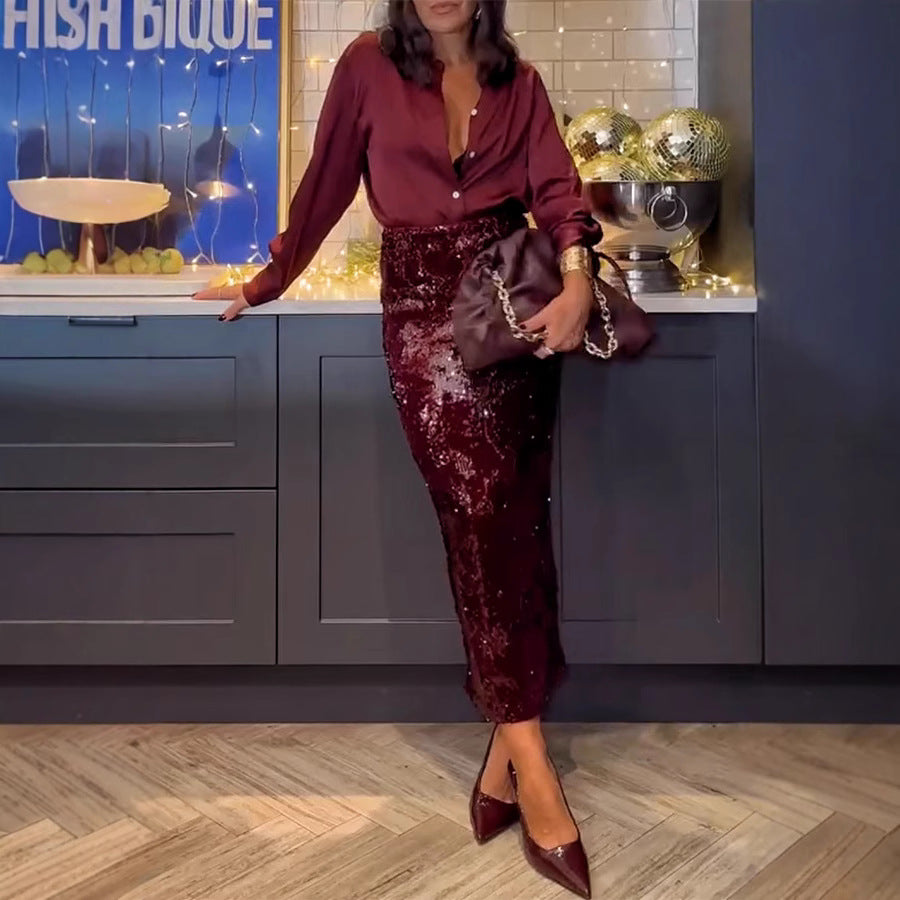 Collard Blouse Sequin Two Piece Skirt Set