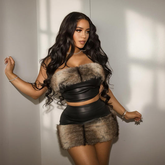 Fur Leather Leather Tube Top Two Piece Skirt Set