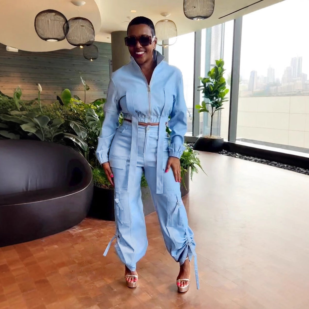 Multi Pocket Long Sleeve Pleating Two Piece Set