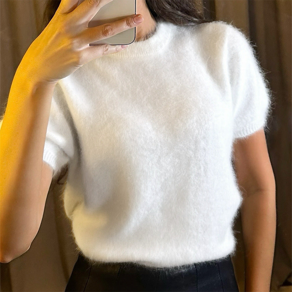 Plush Round-Neck Short-Sleeve Knit Top